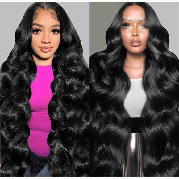 28” Long Human Hair Wig Wavy Front Lace Natural Black Full Glueless NEW - Picture 1 of 9